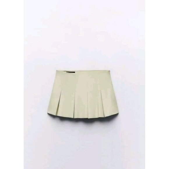 Zara Camel Pleated Mini Faux Leather Skirt Beigel Womens Xl 18.5" Ptp 2249 872 - Picture 5 of 7